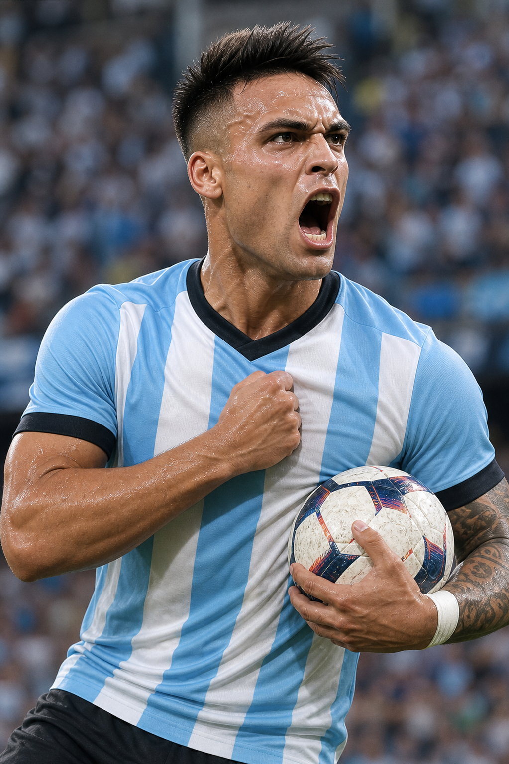 Lautaro con la maglia dell'Argentina, pallone in mano durante una celebrazione